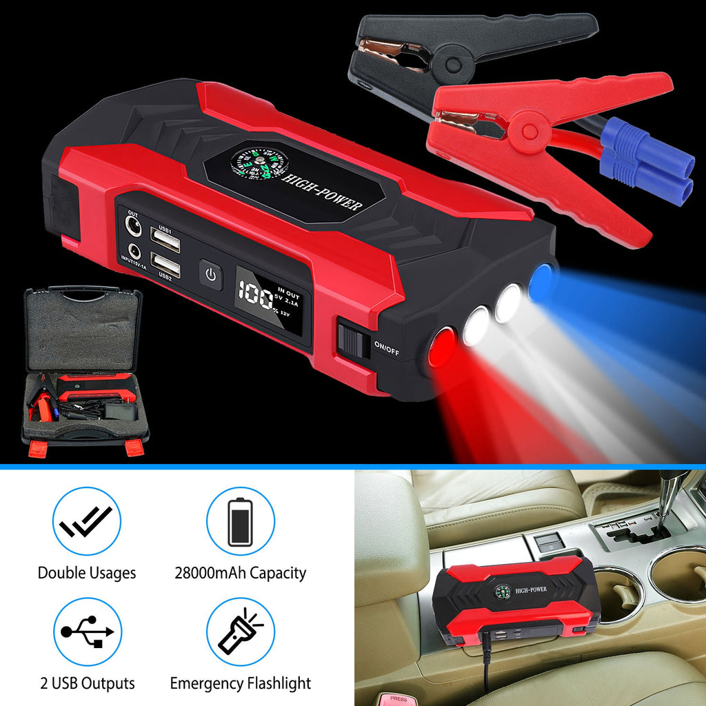 Car Jump Starter Booster 800A Peak 28000mAh 12V Battery Charger Up To 6.0L Gas Or 3.0L Diesel Engine With LCD Screen 4 Modes LED Flashlight