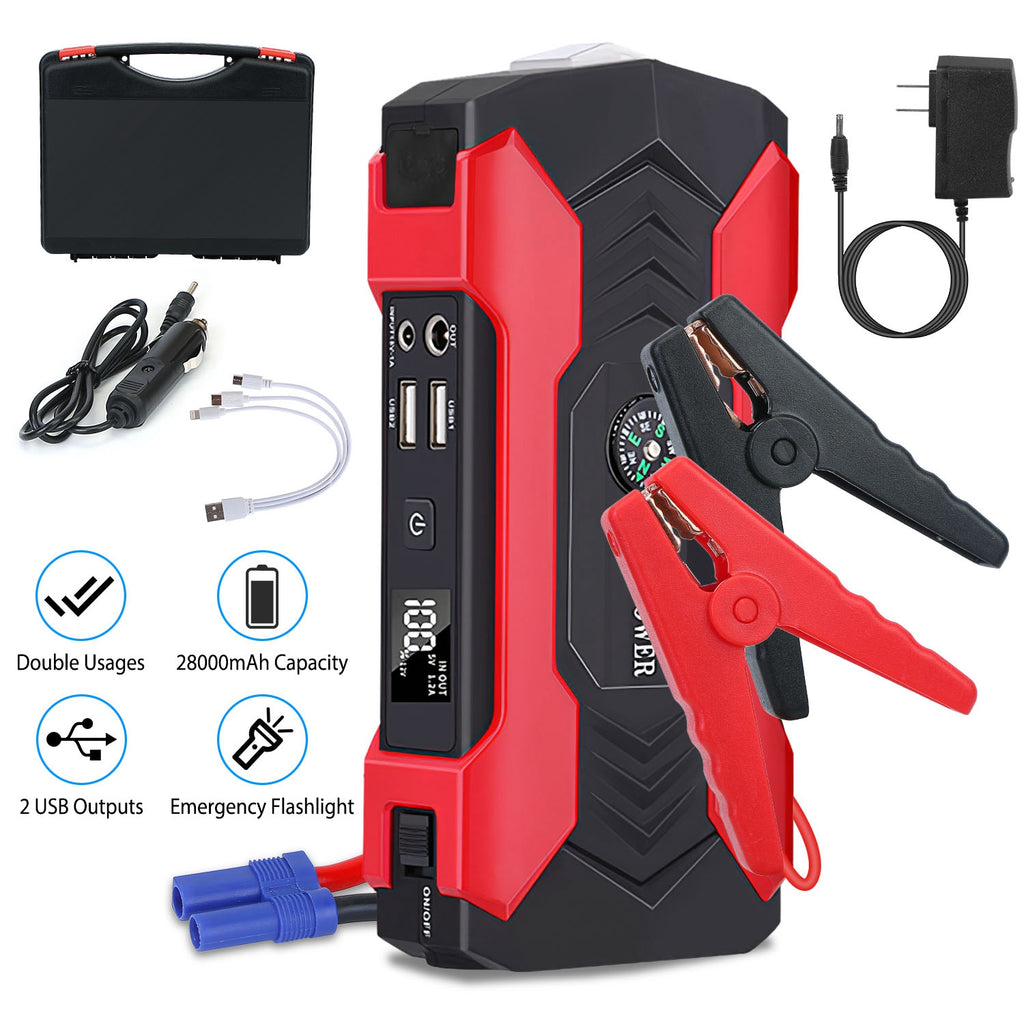 Car Jump Starter Booster 800A Peak 28000mAh 12V Battery Charger Up To 6.0L Gas Or 3.0L Diesel Engine With LCD Screen 4 Modes LED Flashlight